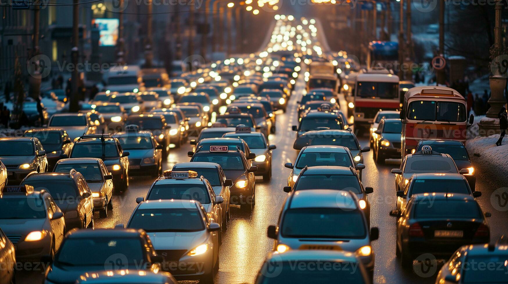 ai generiert der Verkehr Marmeladen auf das Straße im Winter, Winter Feiertage. fotorealistisch, Hintergrund mit Bokeh Wirkung. ai generiert. foto