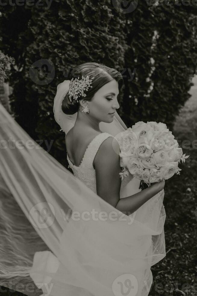 Hochzeit Strauß von schön Weiß Hochzeit Blumen im das Hände von das Braut. draussen Foto im das Park. stilvoll Braut. zart bilden