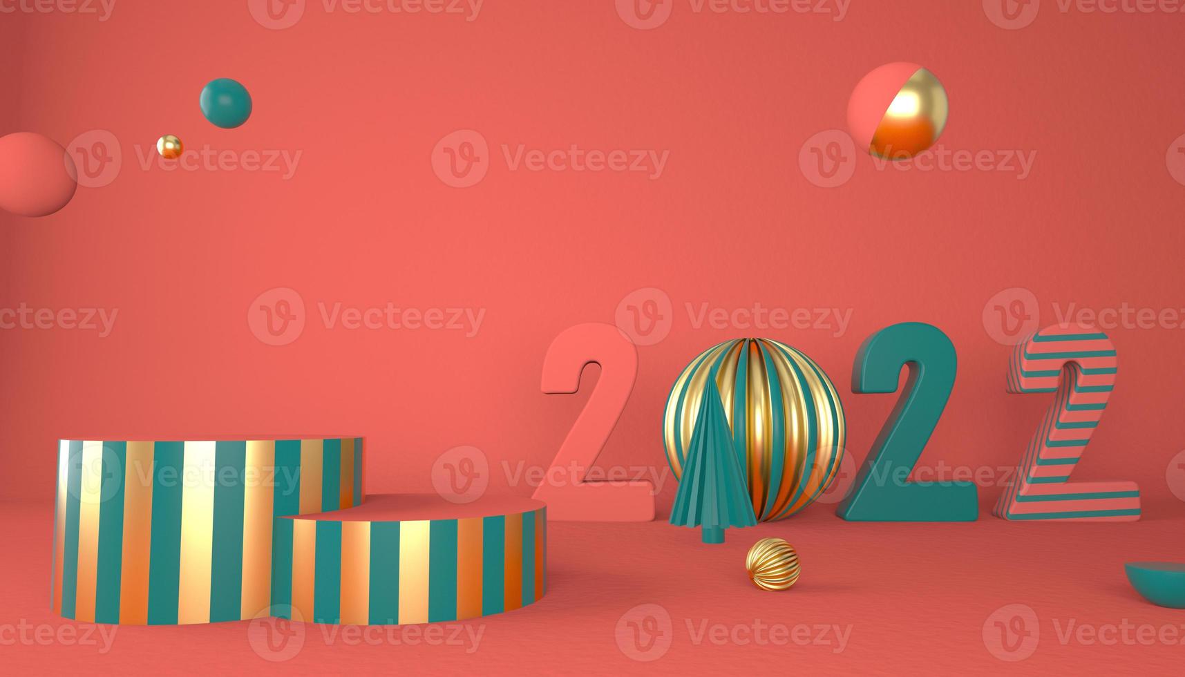 Frohes neues Jahr 2022. 3D-Zahlen mit geometrischen Formen und Weihnachtskugel. 3D-Rendering foto