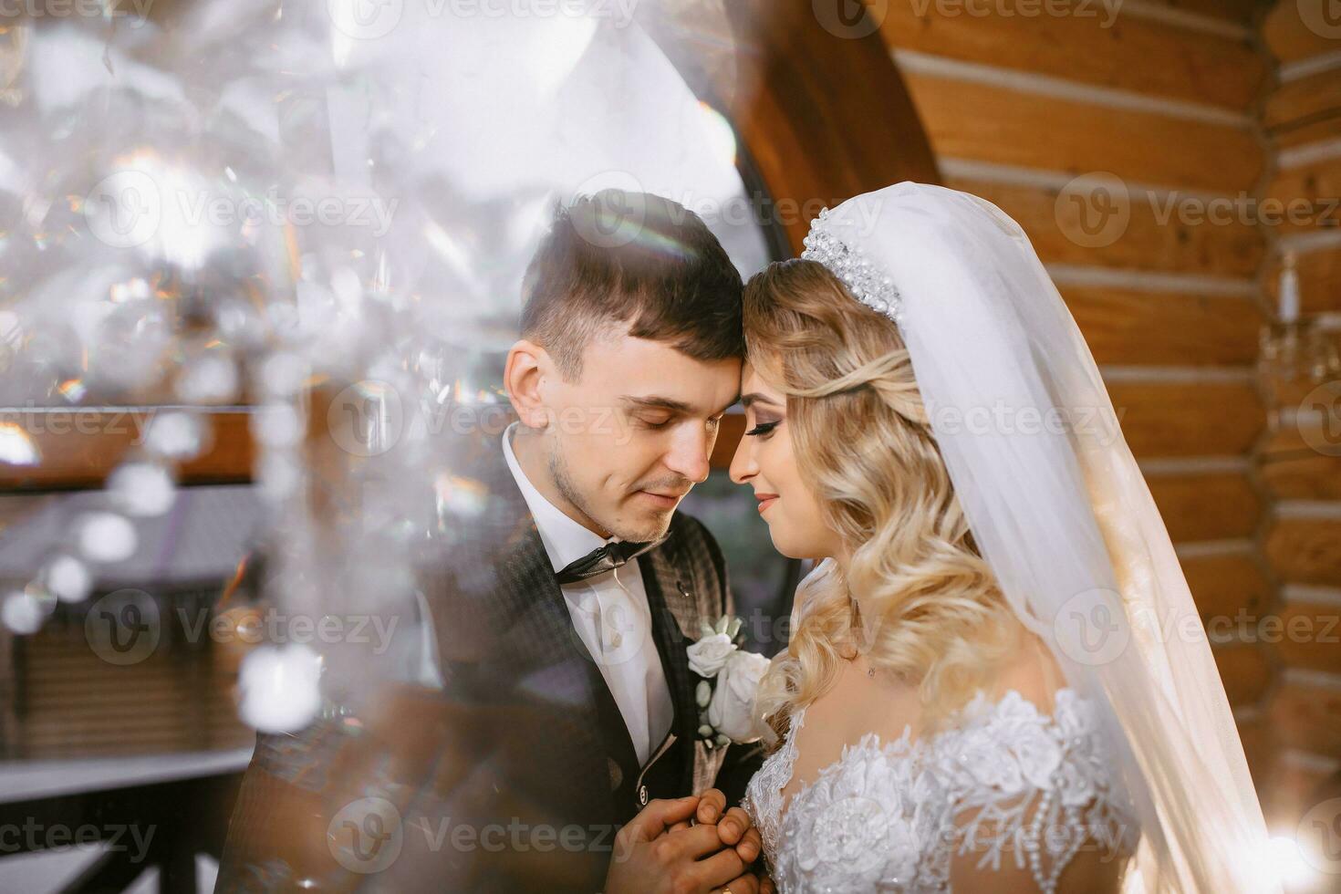 ein schön Braut im ein Hochzeit Kleid mit ein schön Frisur und ein Bräutigam im ein schwarz passen im ein schön hölzern Innere foto