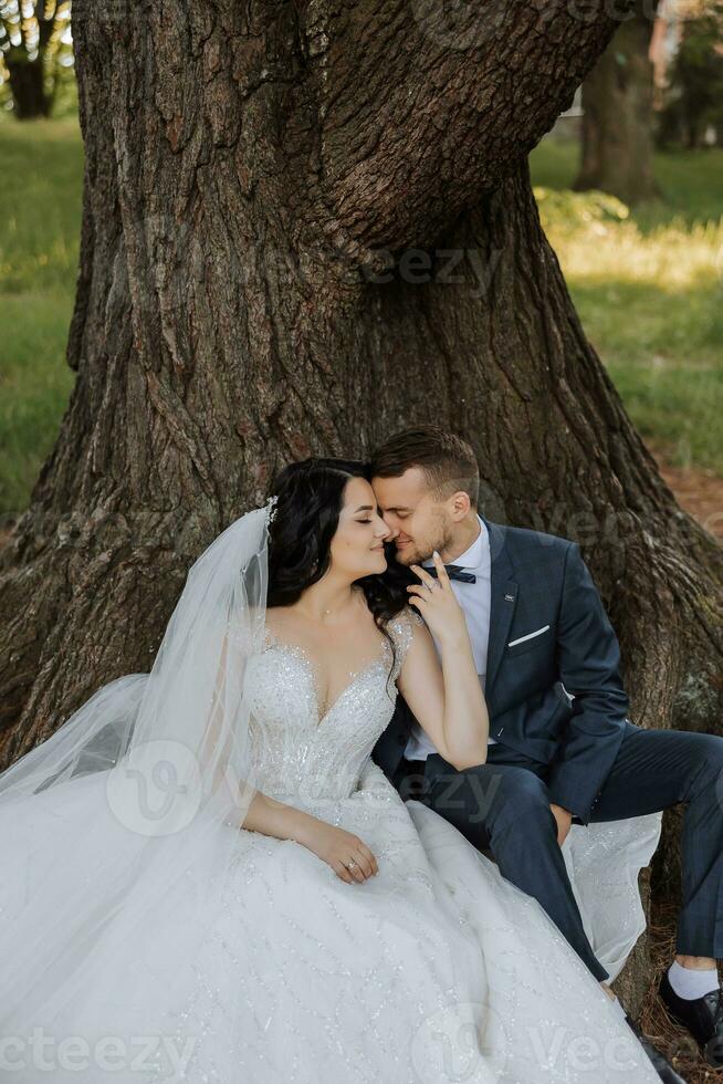 glücklich jung Paar, Braut mit lange lockig Haar im Weiß Kleid mit lange Zug in der Nähe von Baum. schön Mädchen im das Park. schön Farbe. Hochzeit Foto schießen