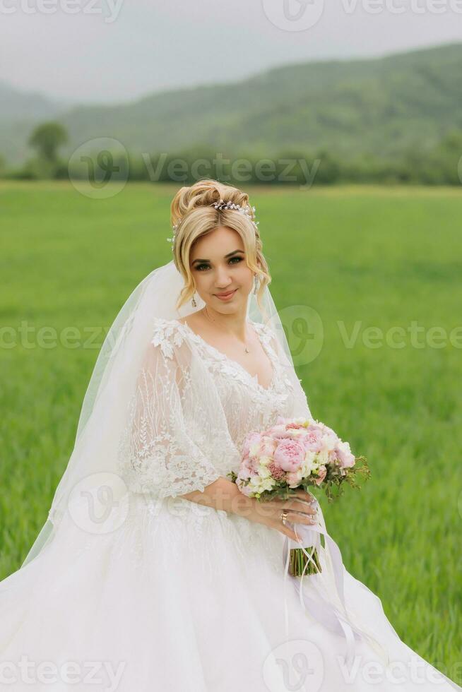 Porträt von das Braut. das Braut ist Stehen im ein Weiß Kleid und Schleier mit ein Strauß im ein Grün Feld. ein wunderbar Kleid. ziemlich Frau. Hochzeit Foto