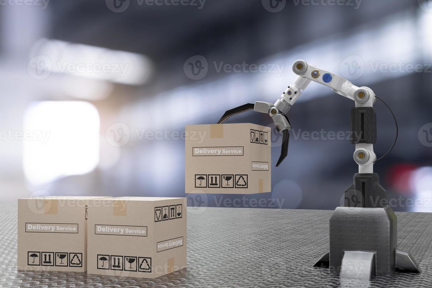 Handroboter Cyber Zukunft futuristisch Humanoid Hold Box Produkttechnologie 3D-Rendering Geräteprüfung für die Industrie Inspektion Inspektor Transport Wartung Roboter Service-Technologie High-Tech-Industrie foto