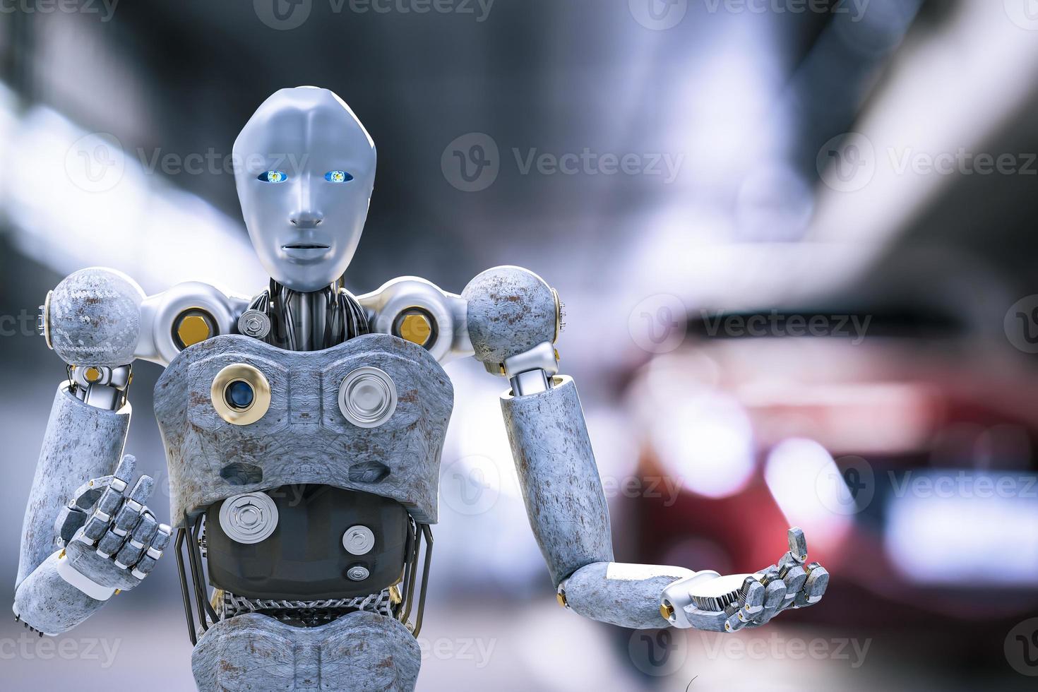 Roboter Cyber Zukunft futuristisches humanoides Auto, Automobil, Auto Auto Check Fix in der Garage Industrie Inspektion Inspektor Versicherung Wartung Mechaniker Reparatur Roboter Service Technologie foto