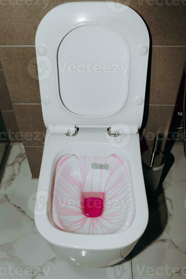 sauber das Toilette zum Sauberkeit und Hygiene. Reinigung das Toilette. Reinigung Bedienung Konzept. Chemie zum das Toilette ist Rosa foto