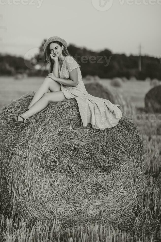 Porträt von ein jung Mädchen. ein Mädchen im ein Blau Kleid sitzt auf oben von Heu Ballen - - hoch Qualität Foto. lange Gerade Haar. nett Farbe. Sommer. schwarz und Weiß Foto