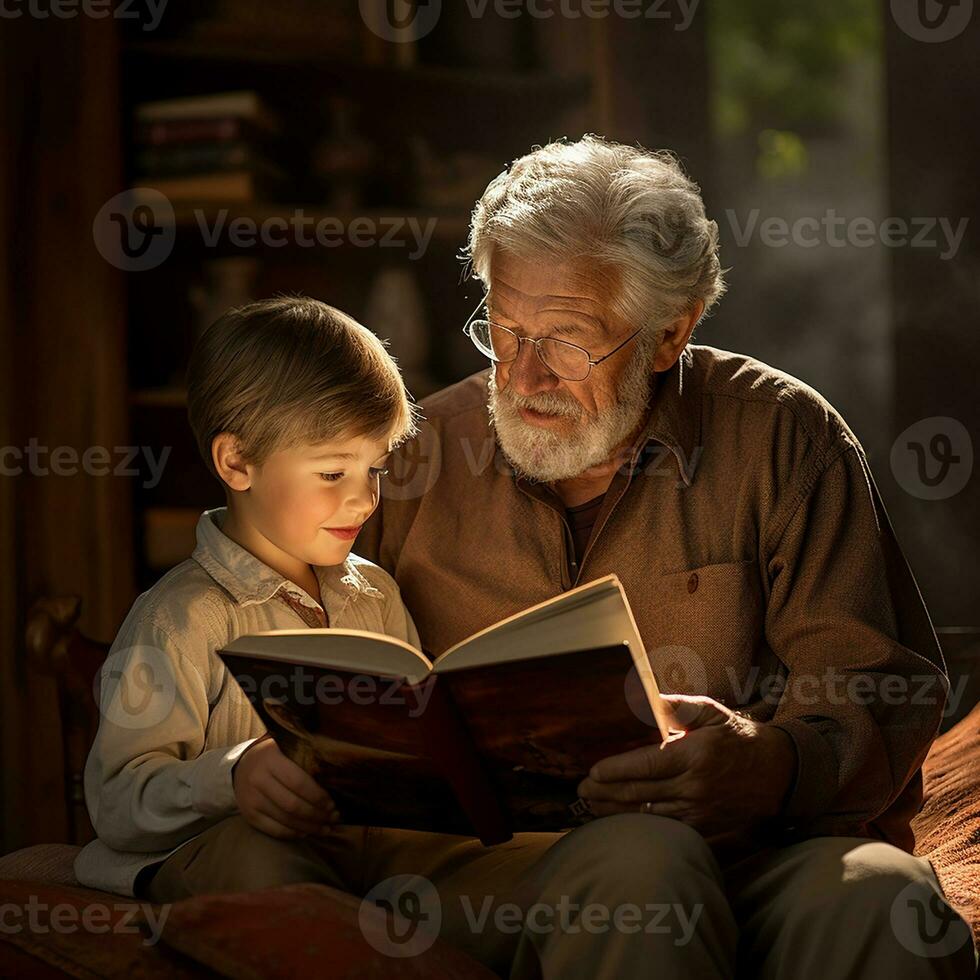 ai generiert Großvater lesen ein Buch zu seine wenig Enkel. Familie Beziehungen foto