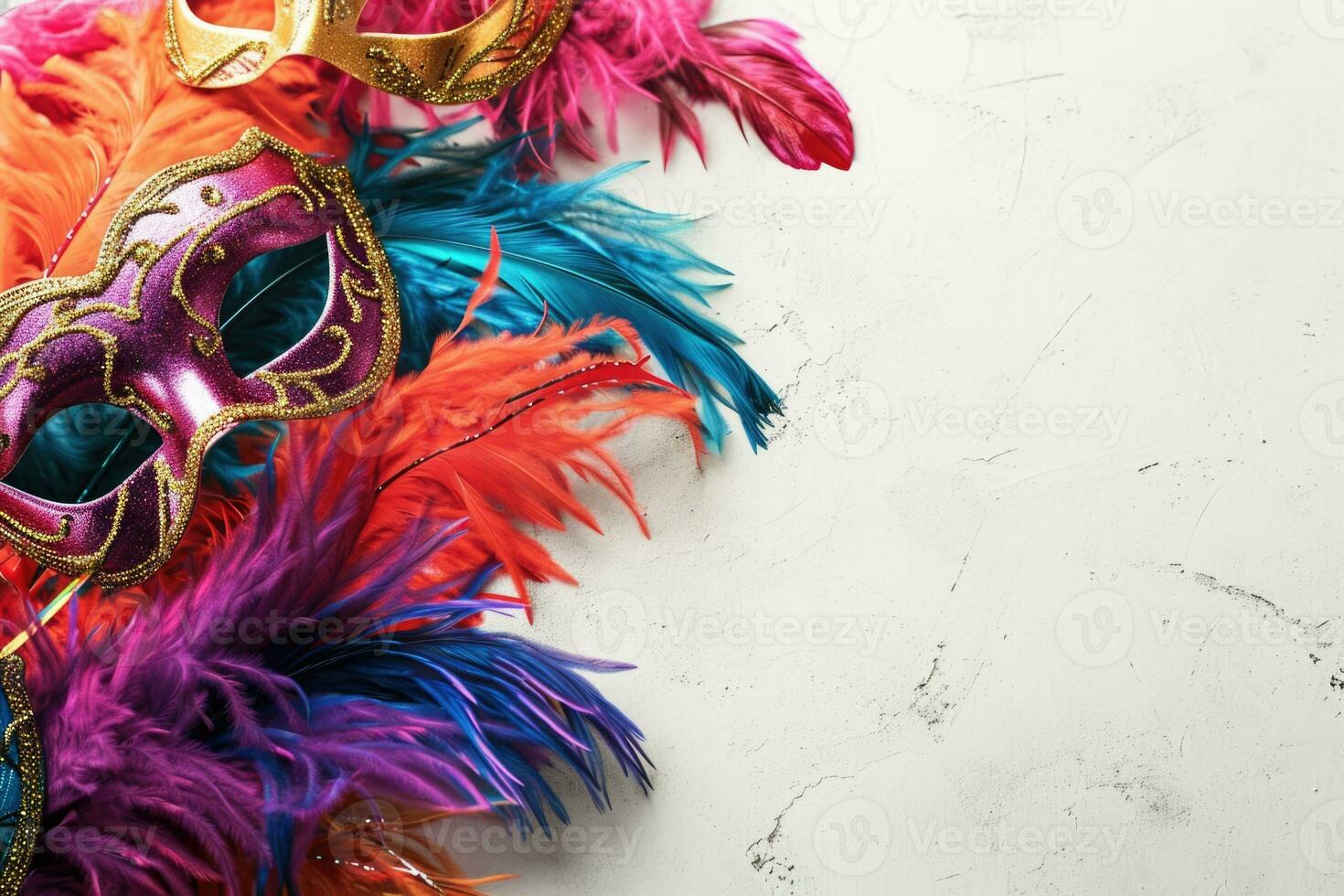 ai generiert Karneval gras Karneval bunt Gefieder und Masken im ein festlich Feier kulturell Extravaganz, aufwendig Erstellen ein freudig, festlich traditionell bringen Leben zu ein Feier, Weiß Hintergrund foto