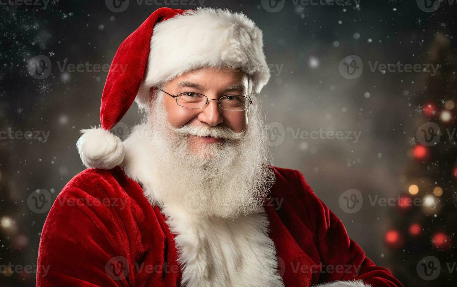 ai generiert Weihnachten Schöne Grüße Karte mit Santa claus im Brille in der Nähe von Weihnachten Baum foto