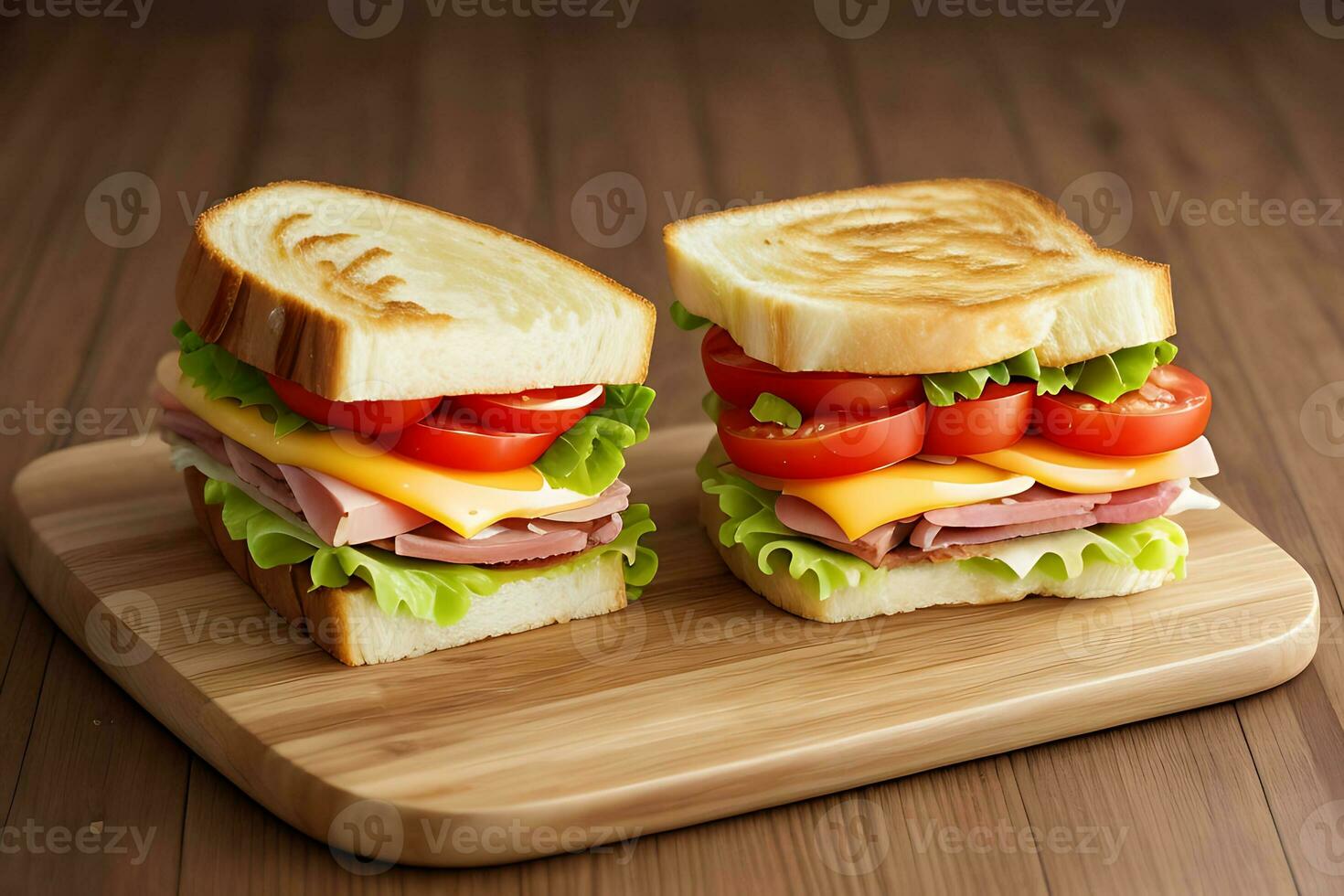 ai generiert Sandwich mit Schinken, schmelzen Käse, Tomate Scheiben und Grüner Salat auf ein hölzern Tafel foto