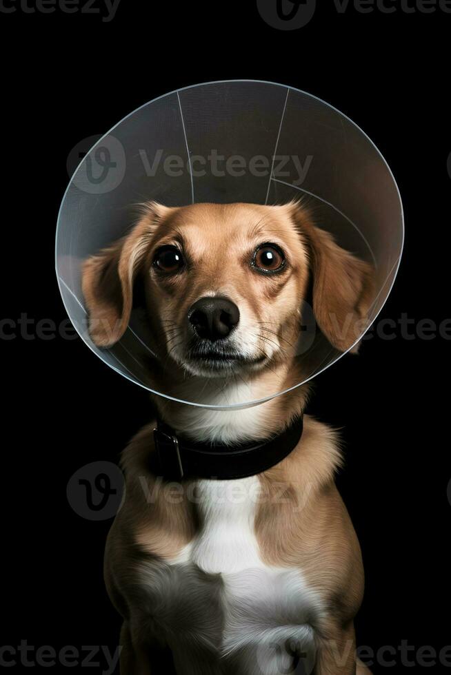 ai generiert süß rot gemischt Rasse Hund im schützend Veterinär Halsband auf schwarz Hintergrund Behandlung nach Chirurgie Gesundheit Haustiere foto