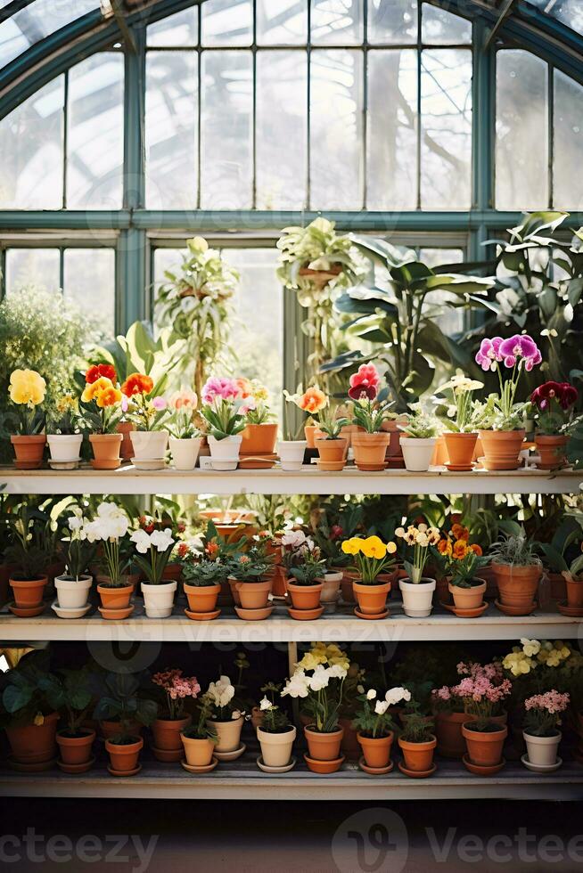 ai generiert Blühen Blumen im Keramik Behälter Innere von Glas beigefügt Gewächshaus, Szene von Gartenbau Schönheit und Gartenarbeit Inspiration foto