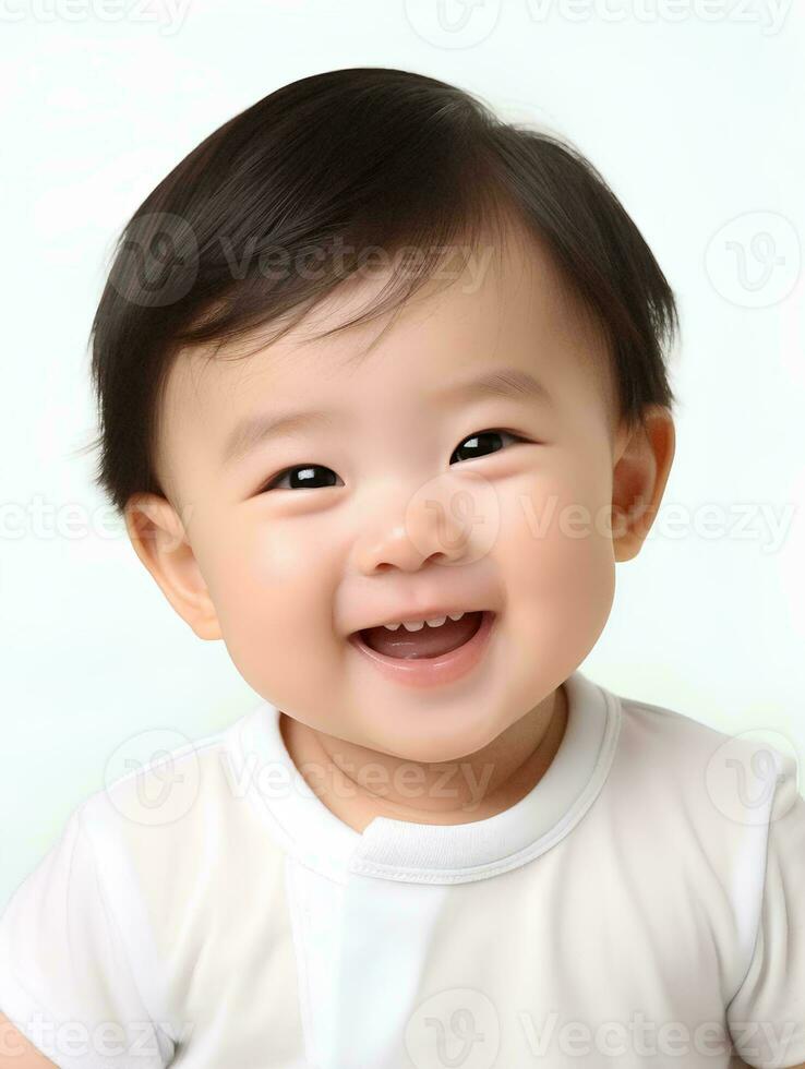 ai generiert Porträt von süß geneigt Augen japanisch Baby Junge Modell, mit lächelnd und Lachen Ausdruck, 2 Monat alt Baby, Studio Foto, isoliert Weiß Hintergrund, zum Werbung und Netz Design foto