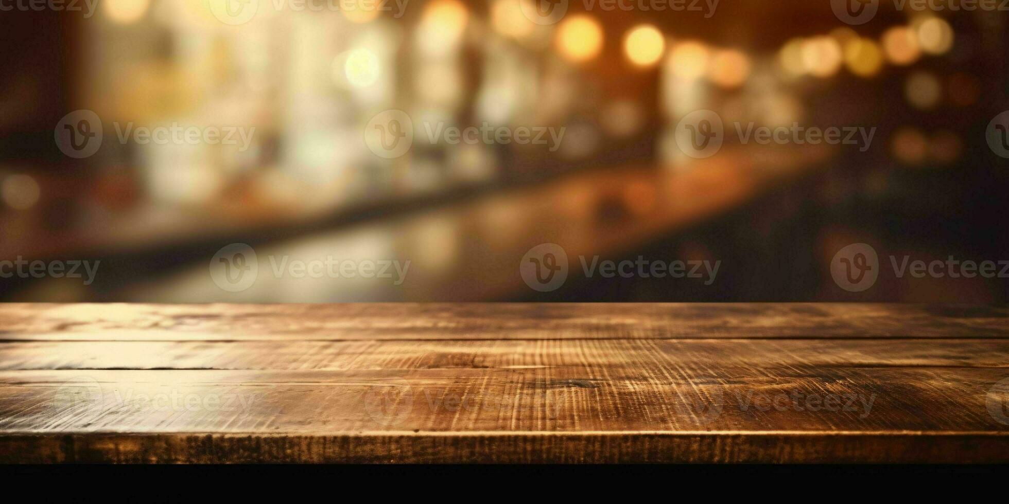 ai generiert leeren hölzern Tabelle mit Bokeh Cafe Hintergrund und golden Beleuchtung. generativ ai foto