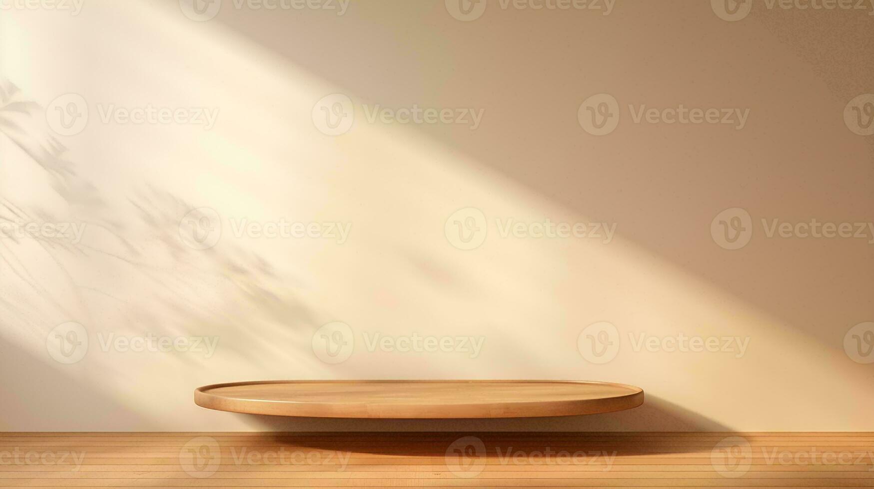 ai generiert leeren minimalistisch natürlich Holz Tisch, schön Holz Korn im Sonnenlicht, Schatten auf Beige Wand, 3d Produkt Anzeige Hintergrund foto