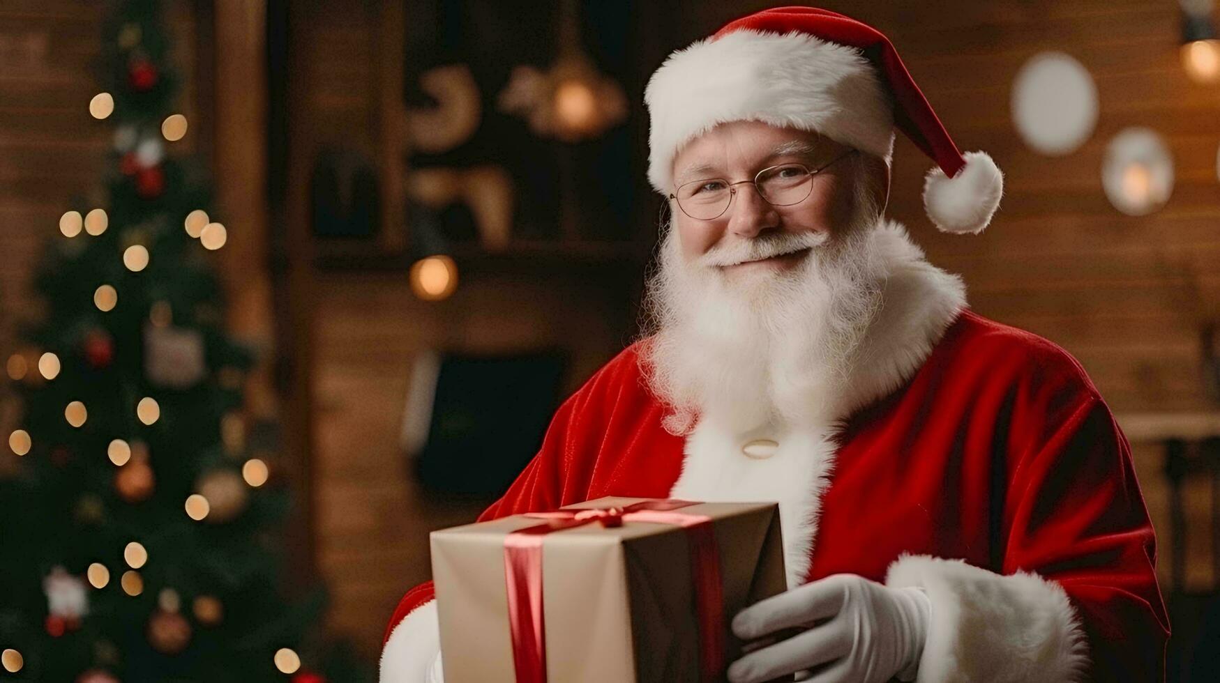 ai generiert Santa claus im das Lieferung Zimmer mit ein Karton Box im seine Hände foto