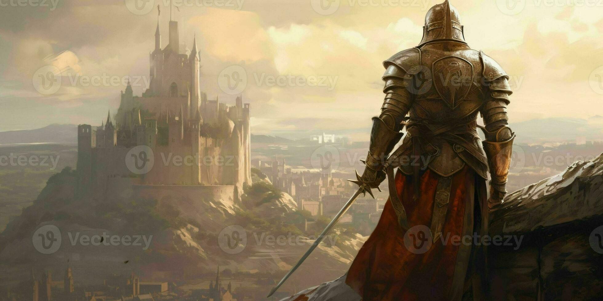 ai generiert ein mittelalterlich Krieger mit ein majestätisch Schloss im Vorderseite von ihn. generativ ai foto