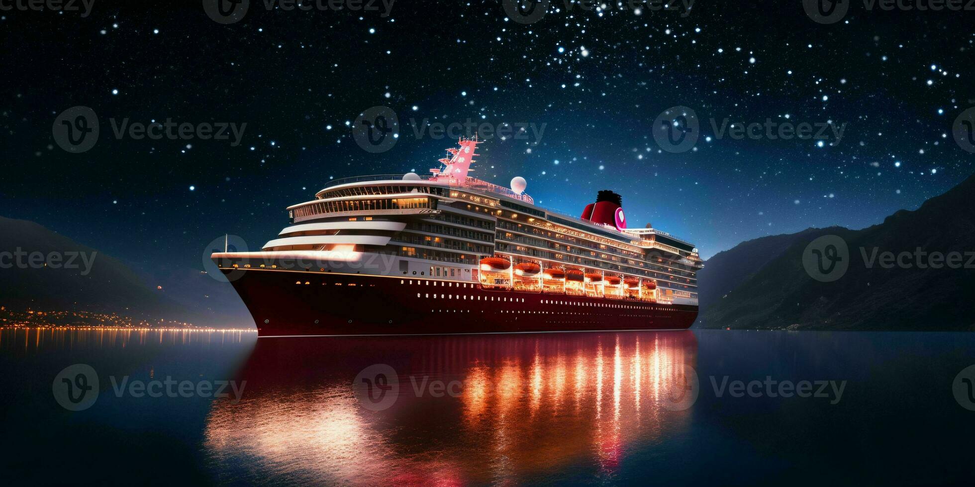 ai generiert Luxus Kreuzfahrt Schiff Segel das Meer beim Nacht mit sternenklar Himmel. generativ ai foto