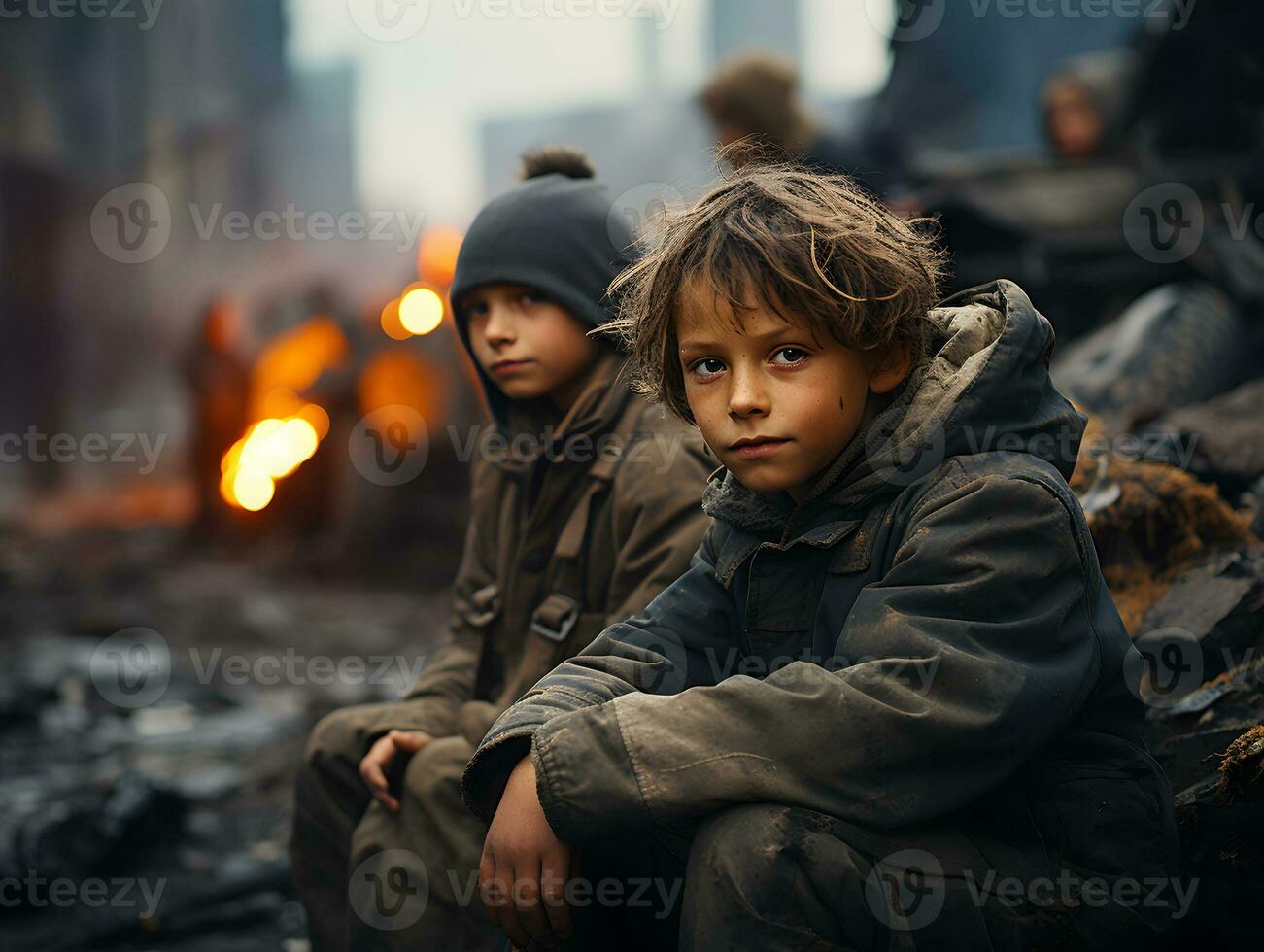ai generiert ein Gruppe von Flüchtling Kinder sitzen im das Mitte von ein vom Krieg zerrissen Stadt. Kinder im Krieg Zone. generativ ai foto