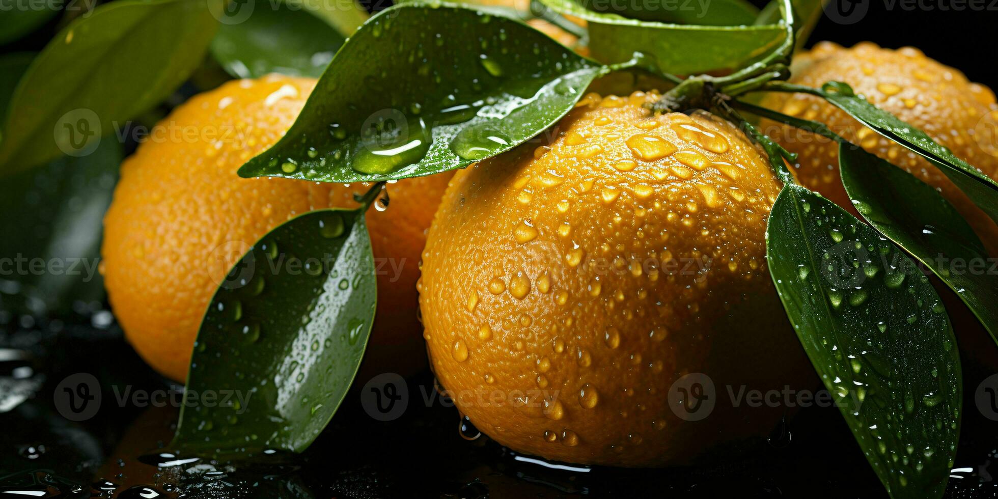 ai generiert frisch Orangen mit Wasser Tröpfchen isoliert auf ein schwarz Hintergrund. generativ ai foto