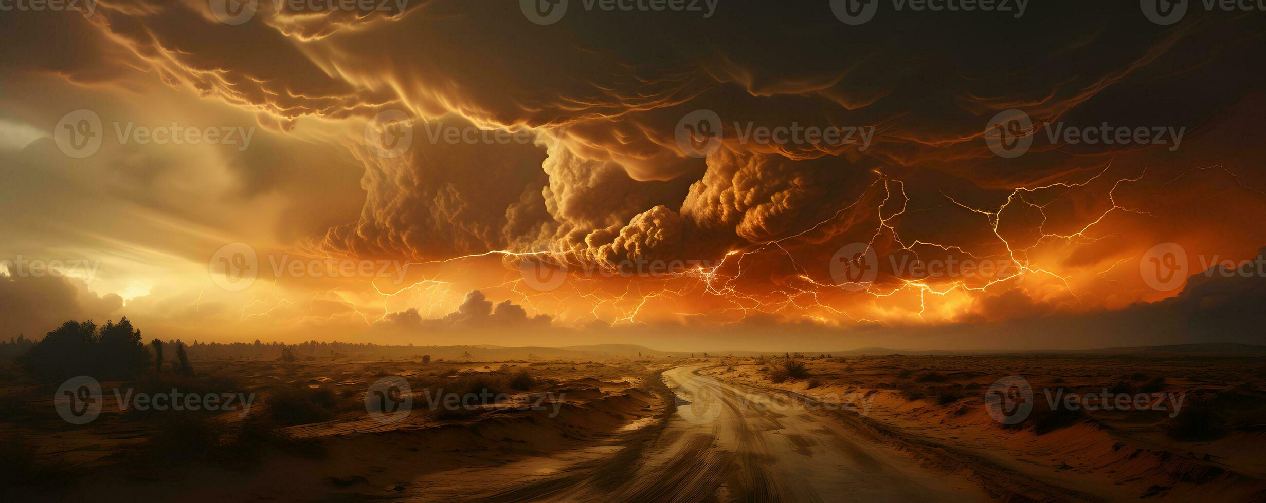 ai generiert stürmisch Himmel mit Blitz Streiks im das Wüste. Sandsturm Landschaft. generativ ai foto