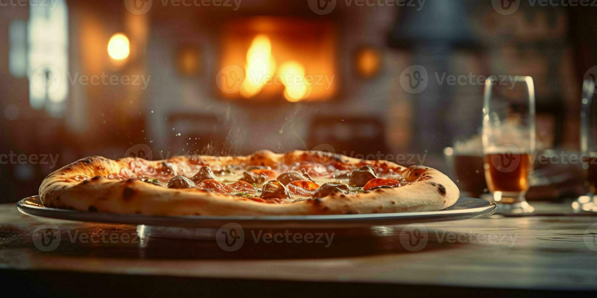 ai generiert lecker Pizza auf hölzern Tabelle mit verschwommen schick Hintergrund. generativ ai foto