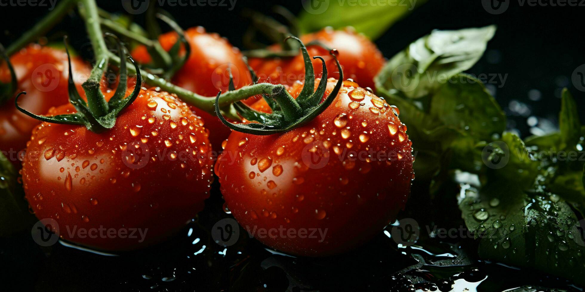 ai generiert frisch Tomaten mit Wasser Tröpfchen isoliert auf schwarz Hintergrund. generativ ai foto