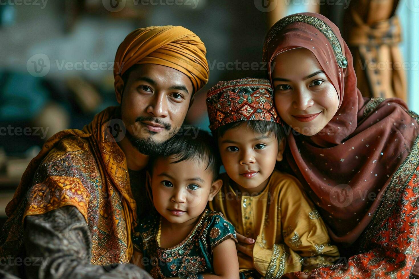 ai generiert Porträt von ein glücklich asiatisch Muslim Familie im traditionell Kleidung. generativ ai foto