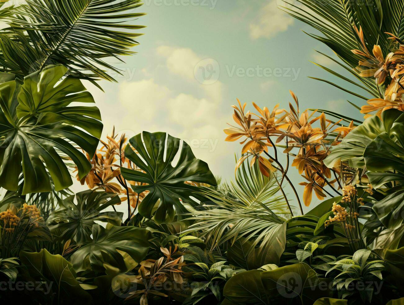 ai generiert exotisch tropisch Blätter Hintergrund mit Kopieren Raum im das Center. generativ ai foto