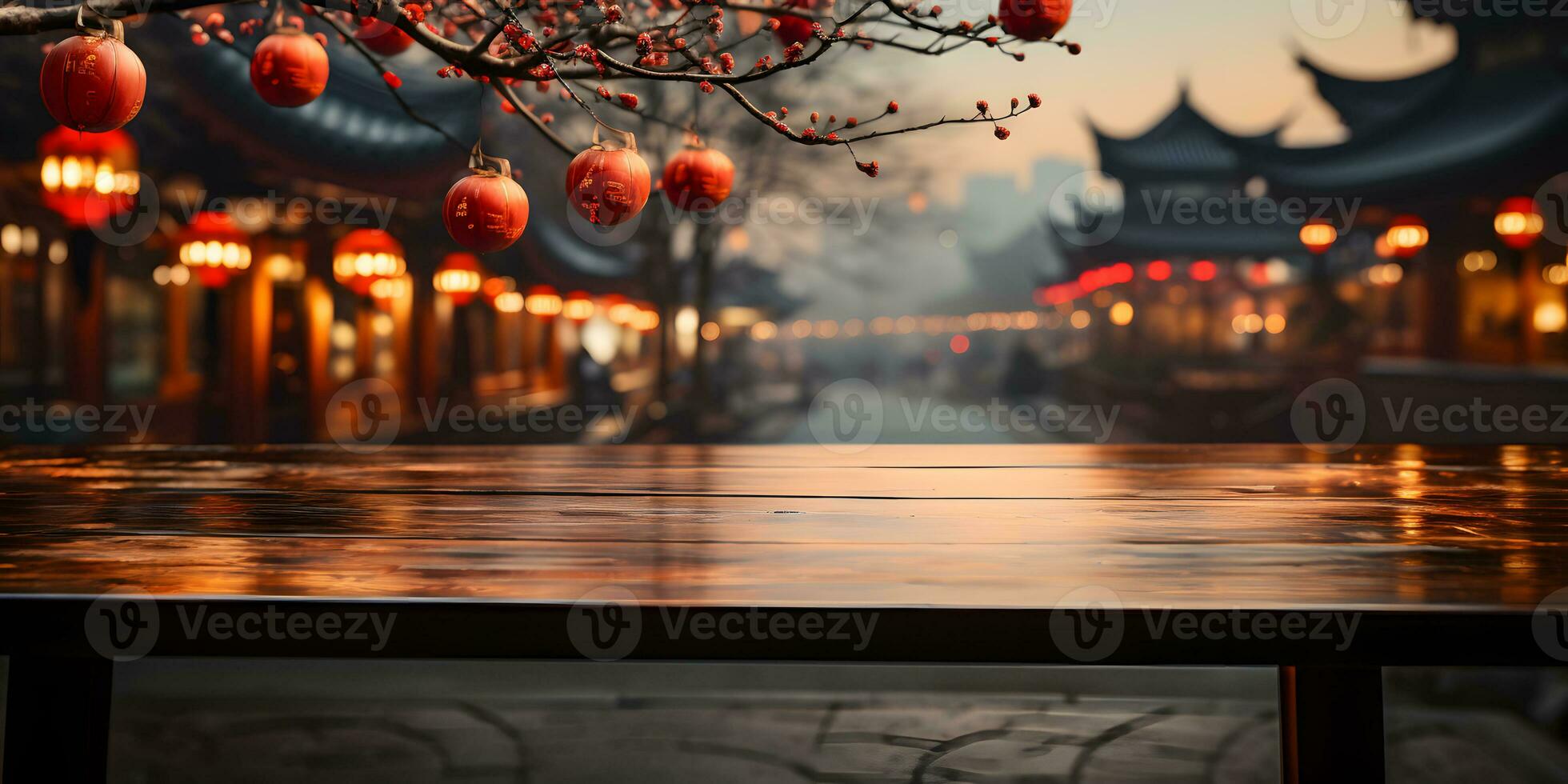 ai generiert leeren hölzern Tabelle mit verschwommen uralt Chinesisch Stadt, Dorf Hintergrund, dekoriert mit hängend Laternen. generativ ai foto