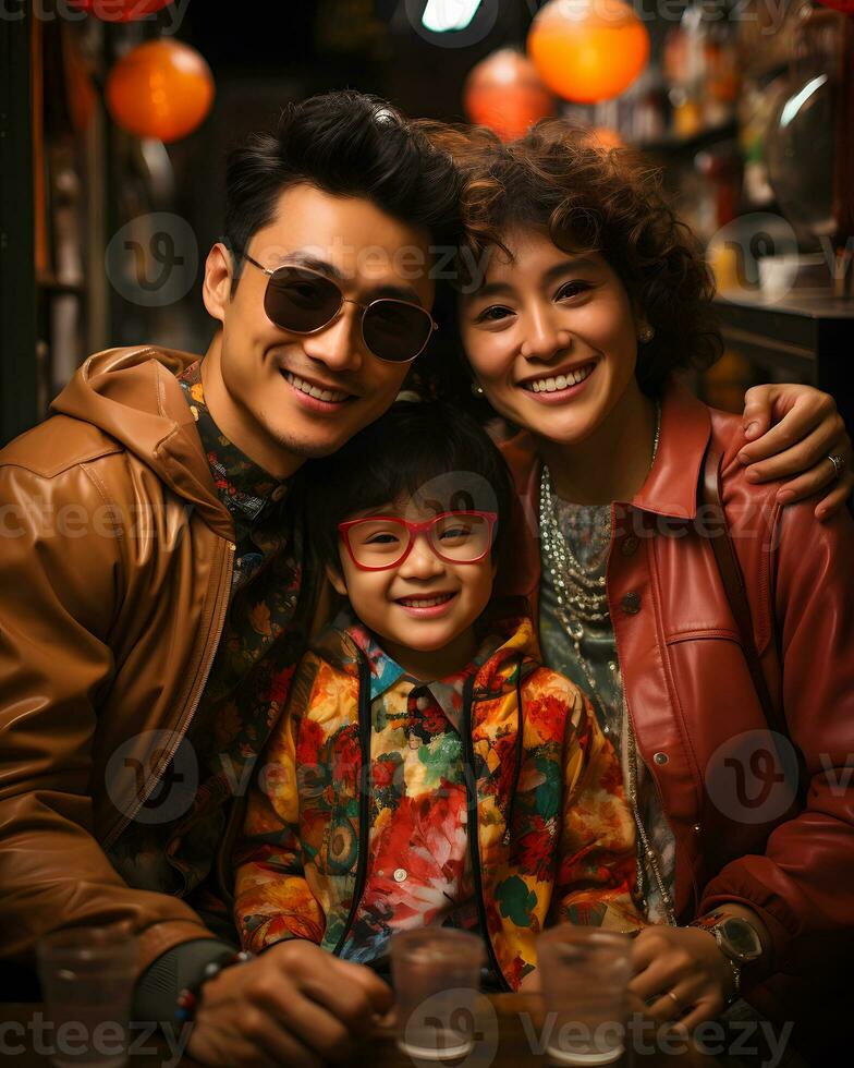 ai generiert Porträt von ein klein glücklich asiatisch Familie im retro Mode Stil. generativ ai foto