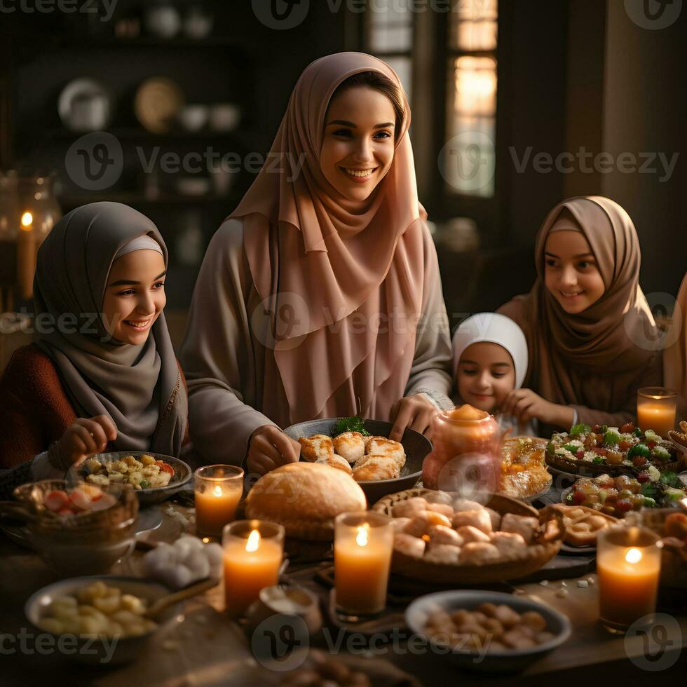 ai generiert Muslim Familie und freunde Versammlung während Ramadan mit köstlich Geschirr auf das Tisch. iftar Abendessen. generativ ai foto