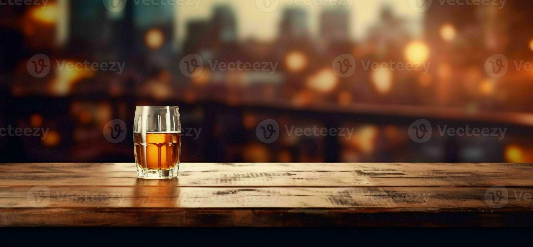 ai generiert leeren hölzern Tabelle mit Bokeh Cafe Hintergrund und golden Beleuchtung. generativ ai foto