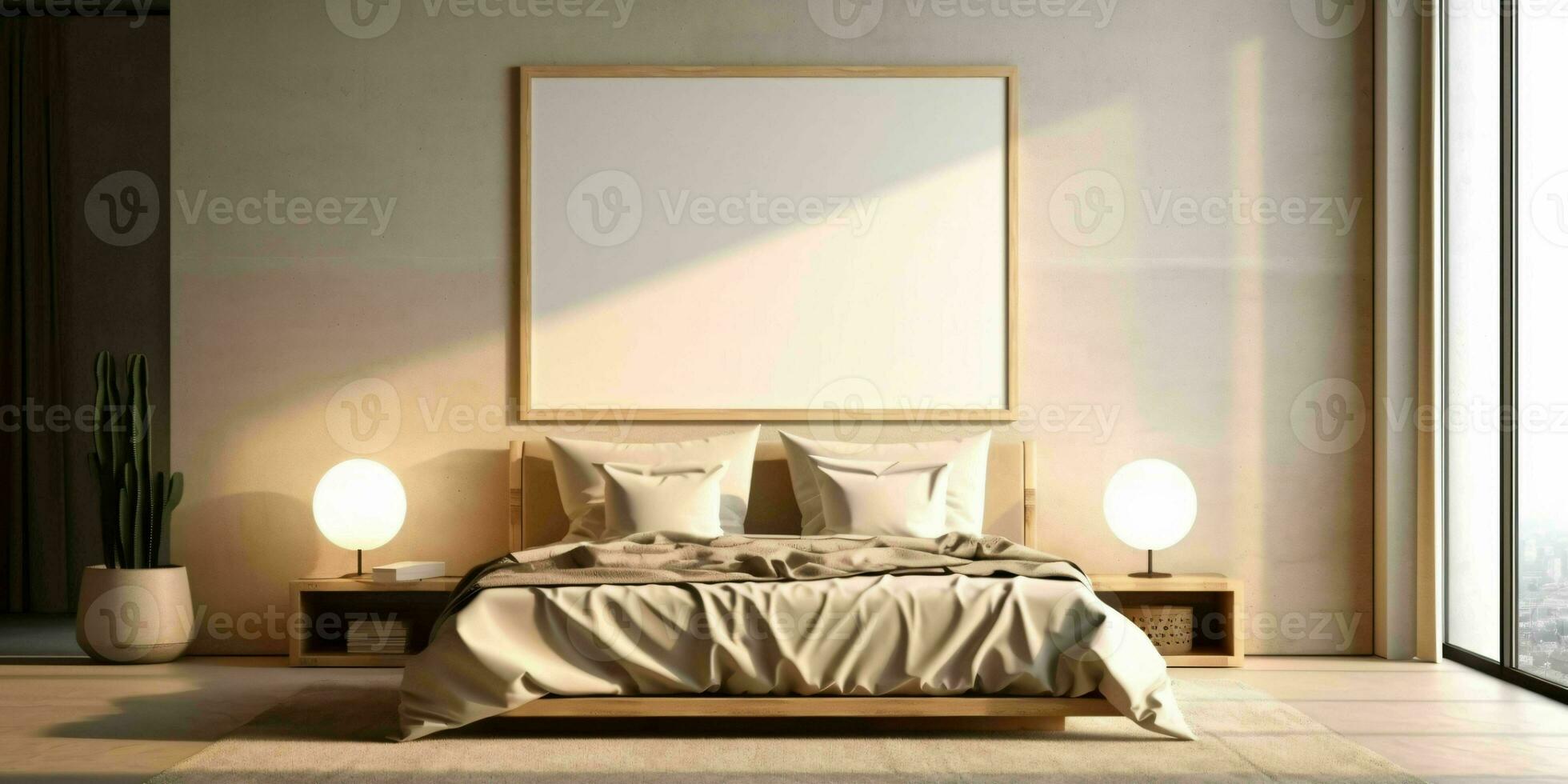 ai generiert minimalistisch Beige Bett Zimmer Innere Design mit leer Weiß Bild Rahmen Attrappe, Lehrmodell, Simulation. generativ ai foto