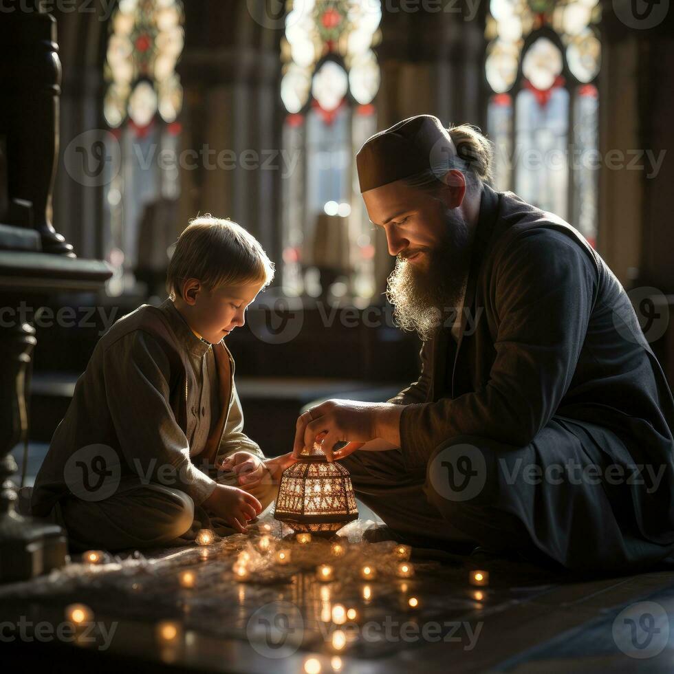 ai generiert Muslim Lehrer Lehren Kinder beim das Moschee. generativ ai foto