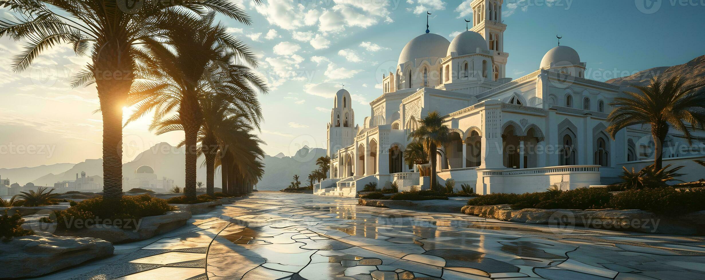 ai generiert schön minimalistisch Weiß Moschee im das Wüste mit Palme Baum und Himmel Ansichten. generativ ai foto