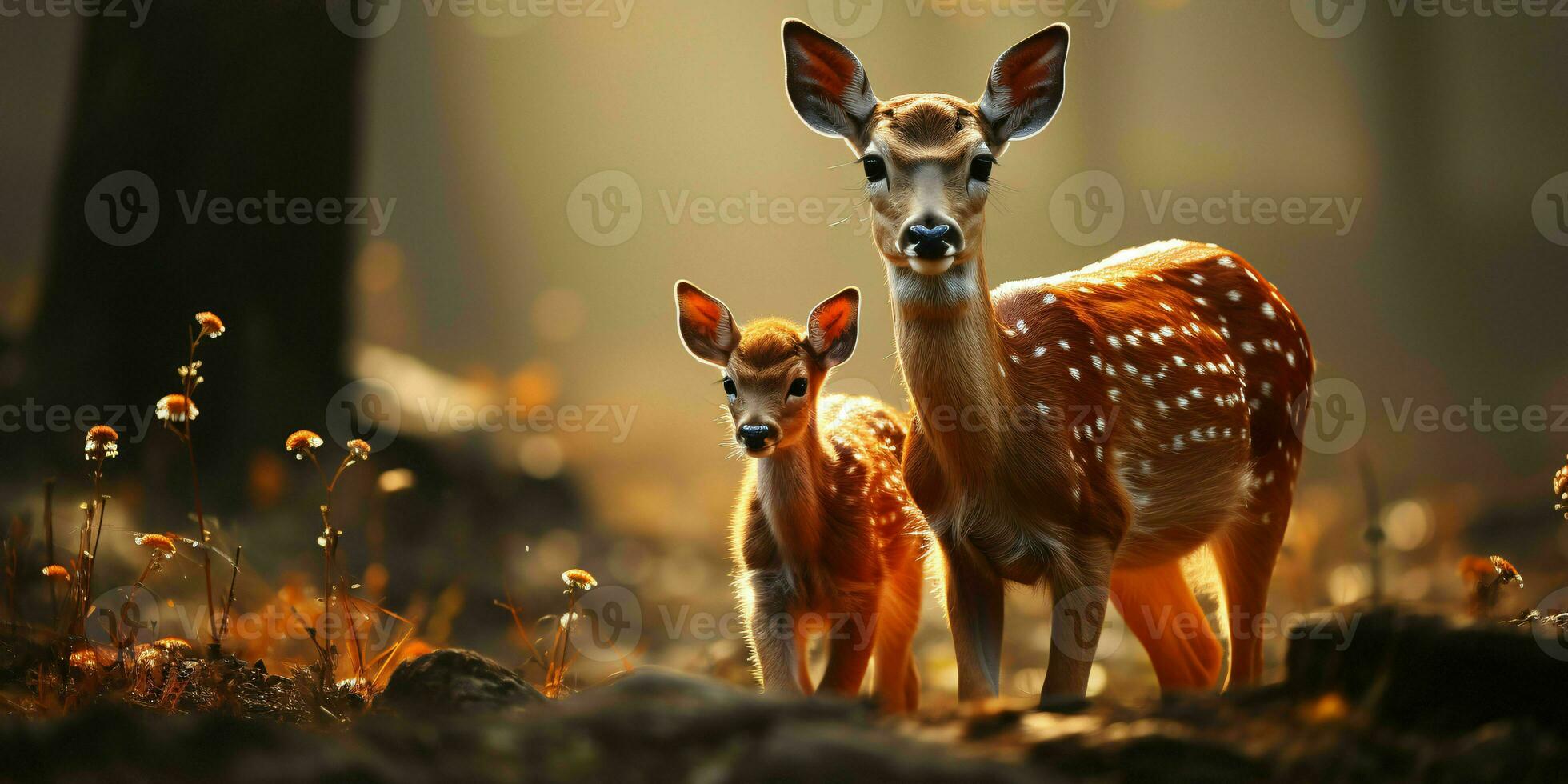 ai generiert Hirsch und Kitz mit ein verschwommen Wald Hintergrund. generativ ai foto