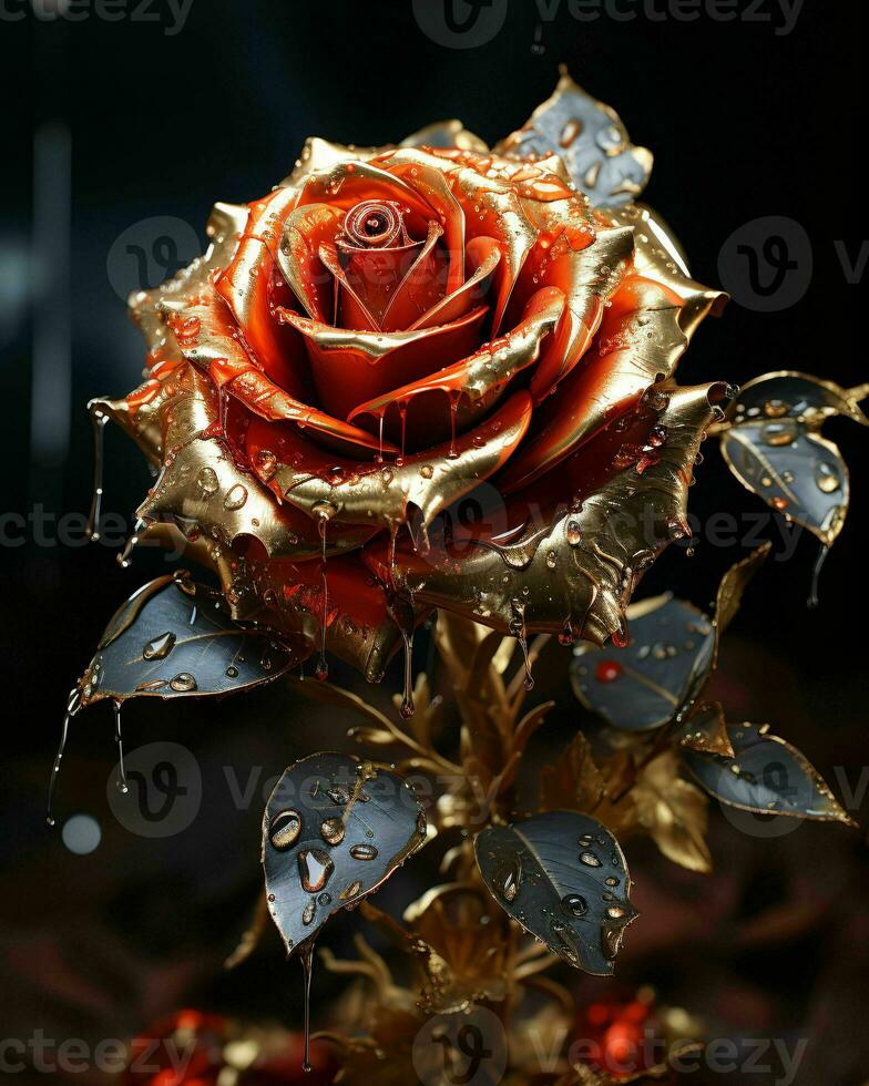 ai generiert rot und Gold Glas Rose Blume mit Wasser Tröpfchen auf es isoliert auf schwarz Hintergrund. generativ ai foto