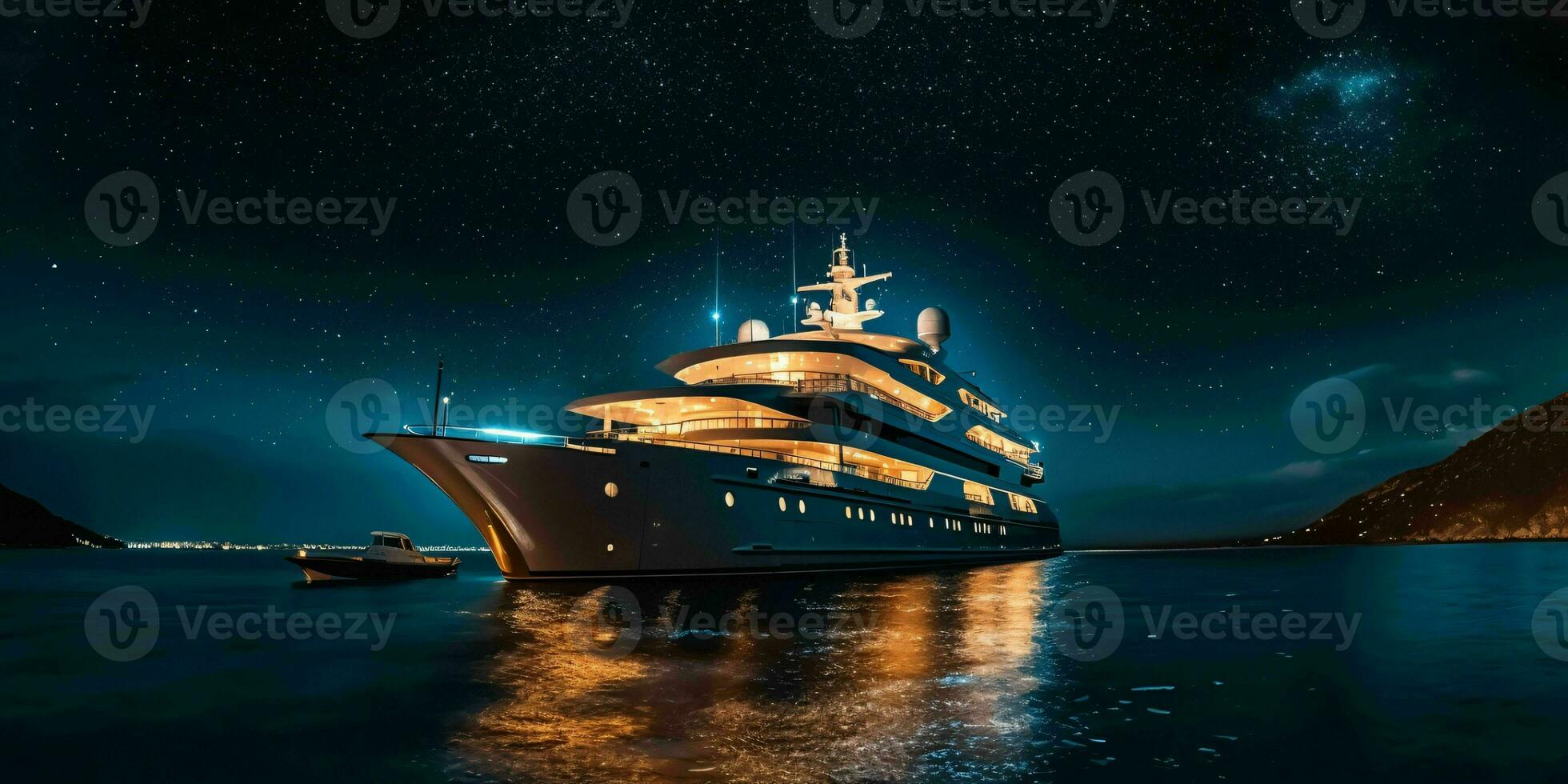 ai generiert Luxus Motor- Yacht Segeln im das Meer beim Nacht mit sternenklar Himmel. generativ ai foto