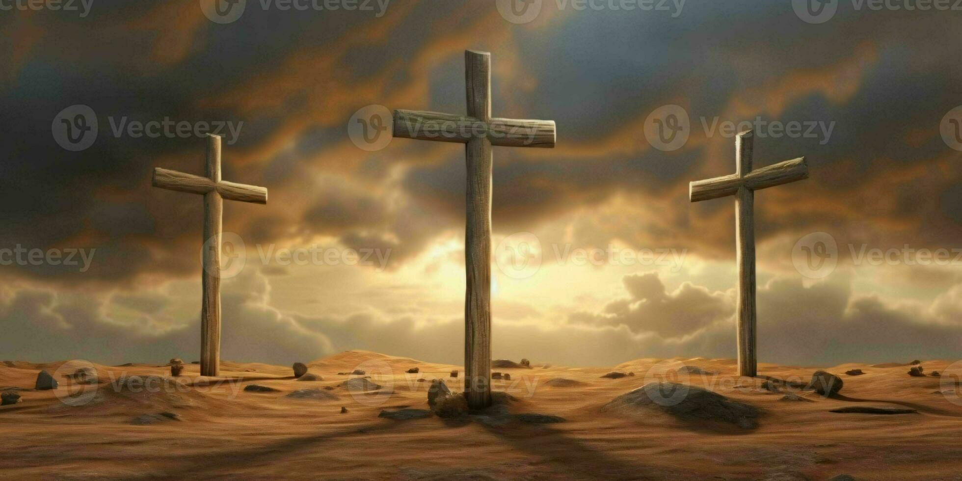 ai generiert drei Kreuze auf ein felsig Wüste hügel. Auferstehung von Jesus Christus. generativ ai foto