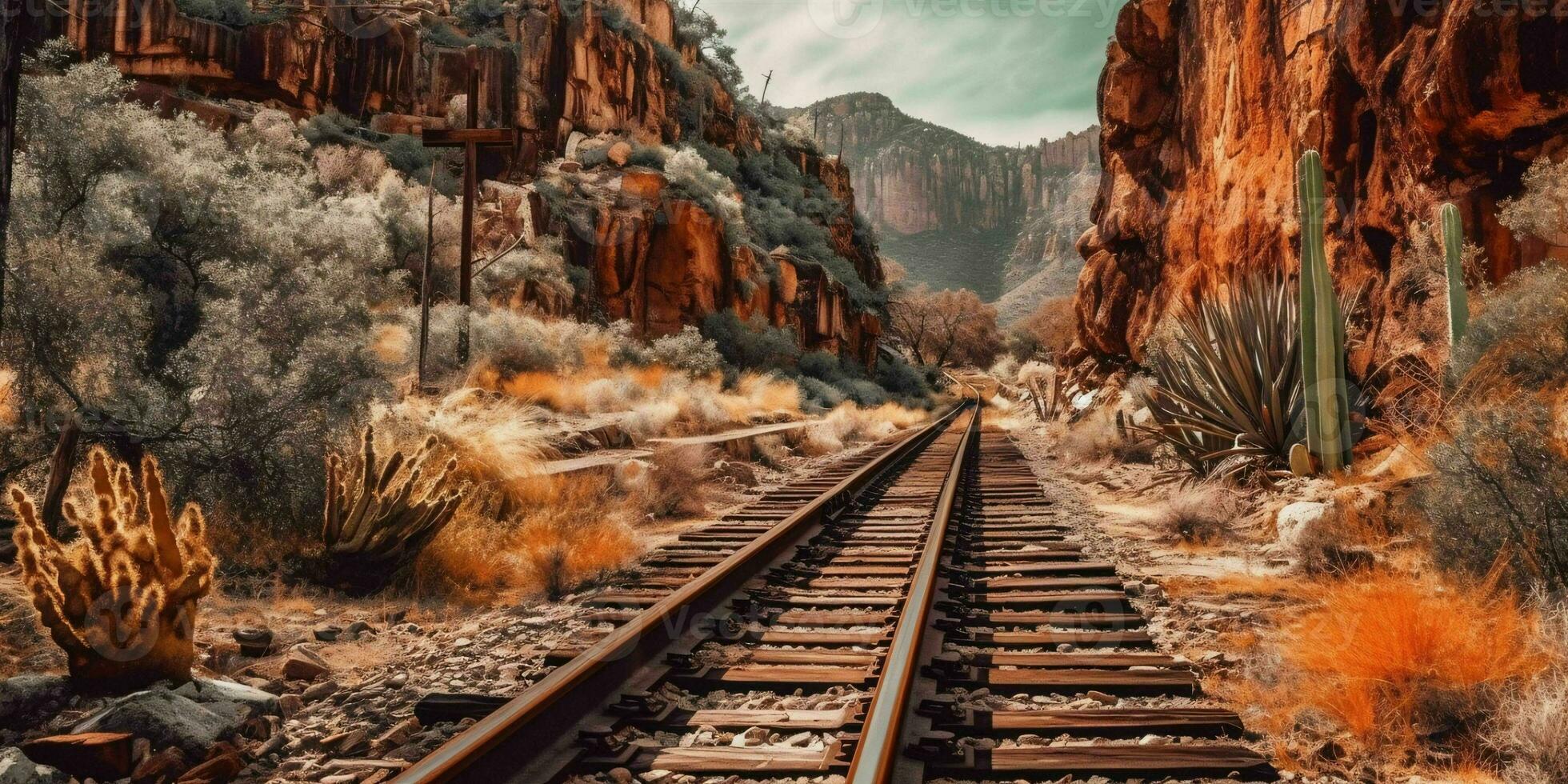 ai generiert rostig Eisenbahn Spur auf Western Wüste. verlassen Zug Schiene. generativ ai foto