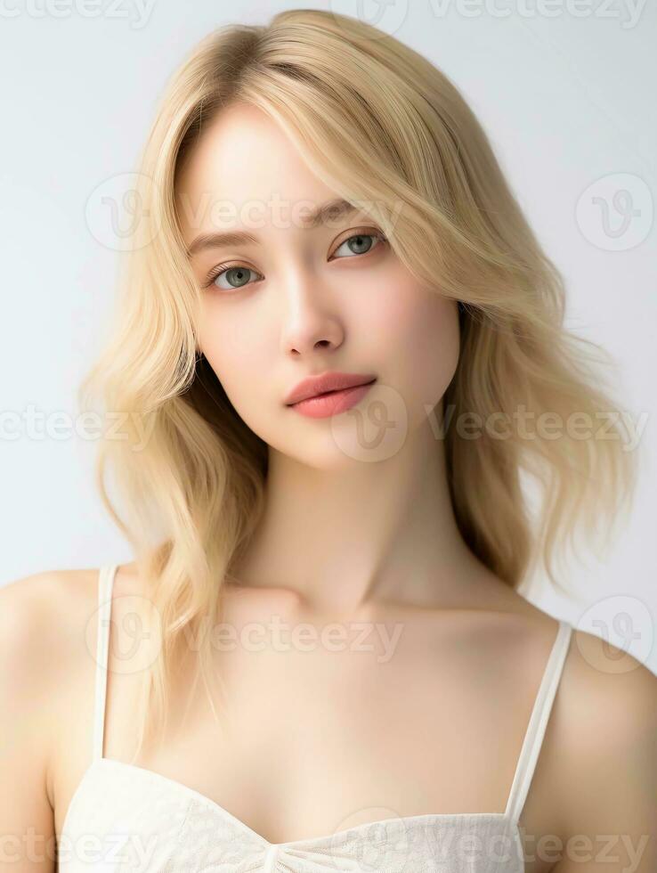 ai generiert schließen oben von schön japanisch Frau im feminin Kleid mit blond Haar, isoliert Weiß Hintergrund, ai generativ foto