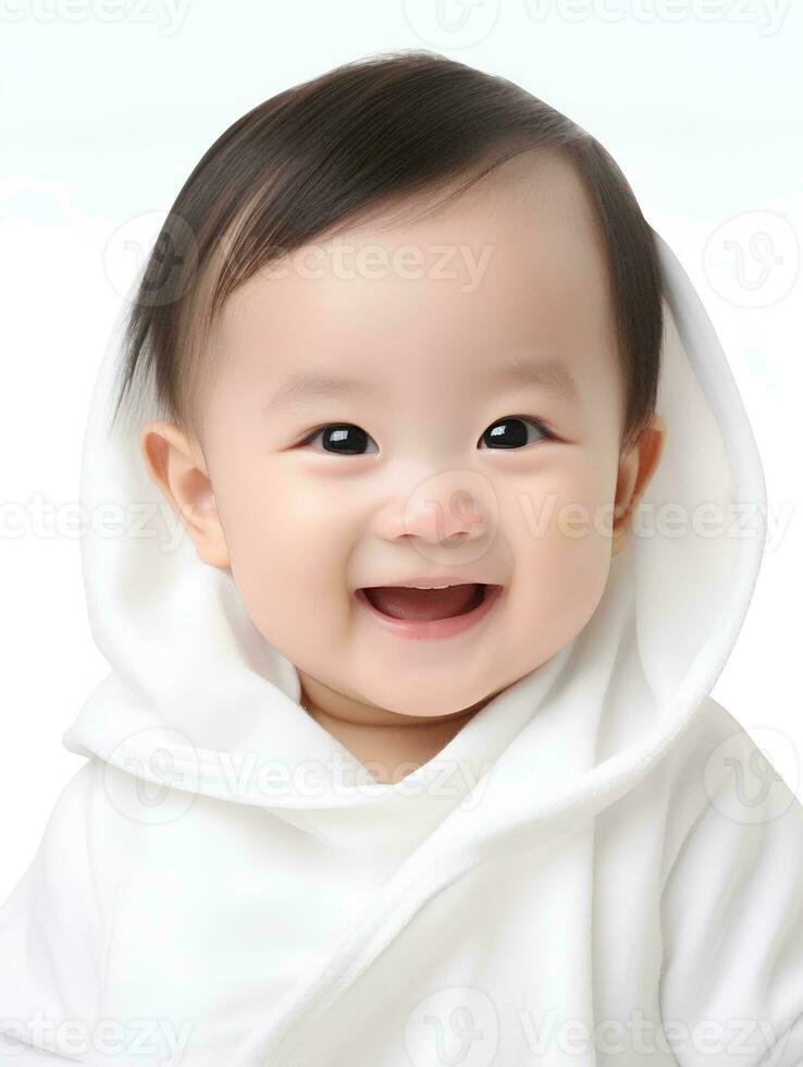 ai generiert Porträt von süß geneigt Augen japanisch Baby Junge Modell, mit lächelnd und Lachen Ausdruck, 2 Monat alt Baby, Studio Foto, isoliert Weiß Hintergrund, zum Werbung und Netz Design foto