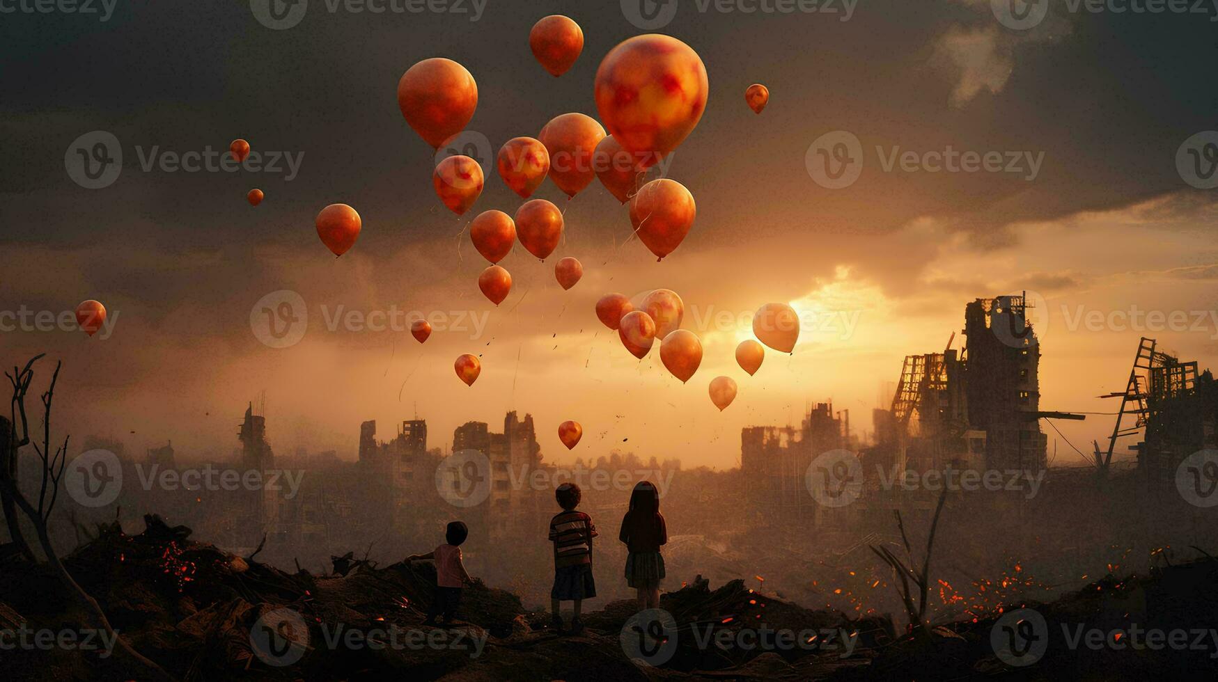 ai generiert Kinder mit Luftballons Über das Stadt Verbrennung Zerstörung fällig zu Krieg Konflikt, Erdbeben oder Feuer und Rauch von Welt Krieg foto