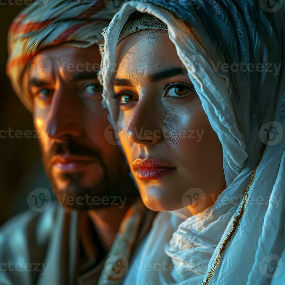 ai generiert Porträt von ein Mitte östlichen Muslim Paar im traditionell Kleid. generativ ai foto