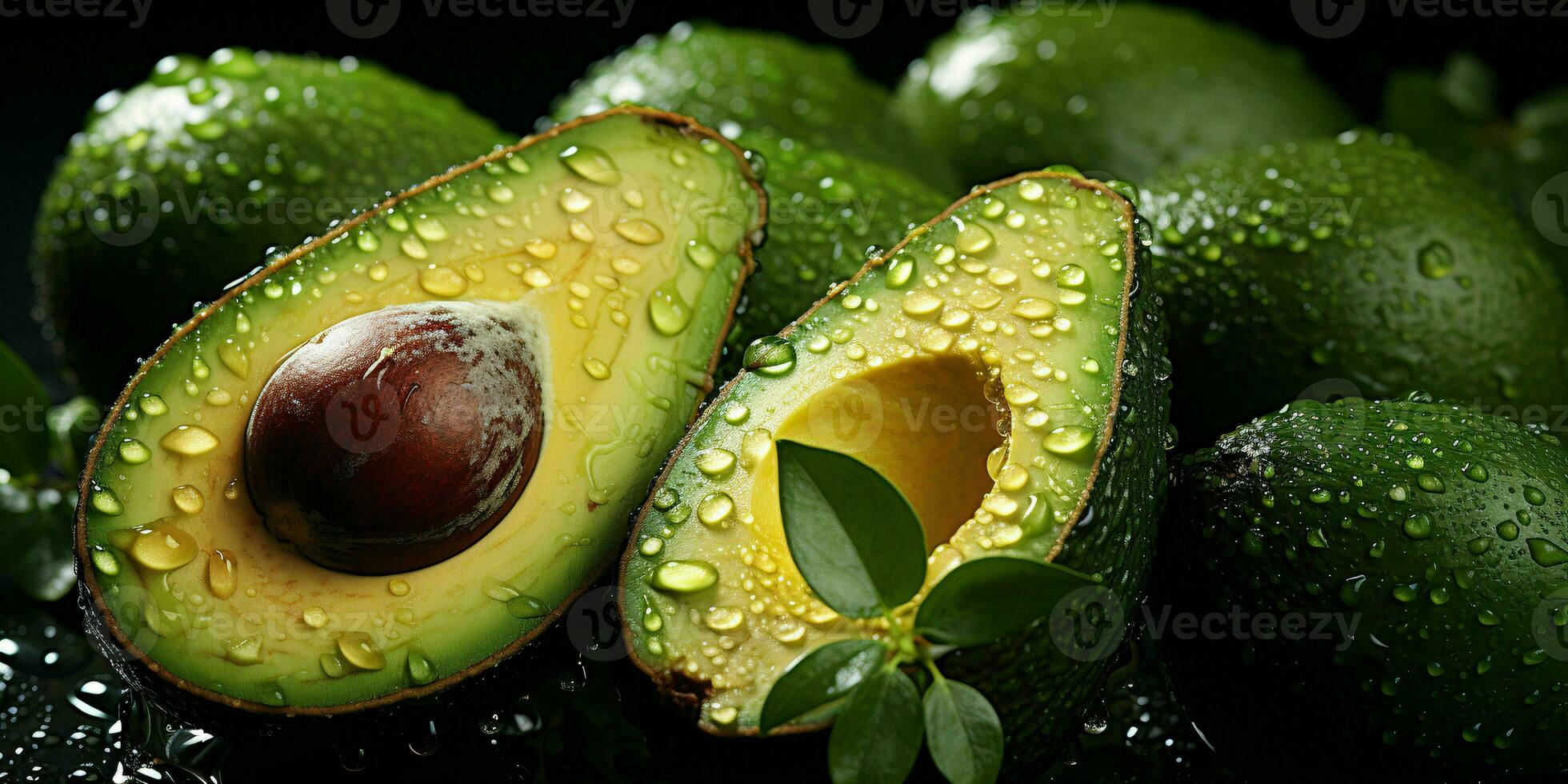 ai generiert frisch Avocado mit Wasser Tröpfchen auf schwarz Hintergrund. generativ ai foto