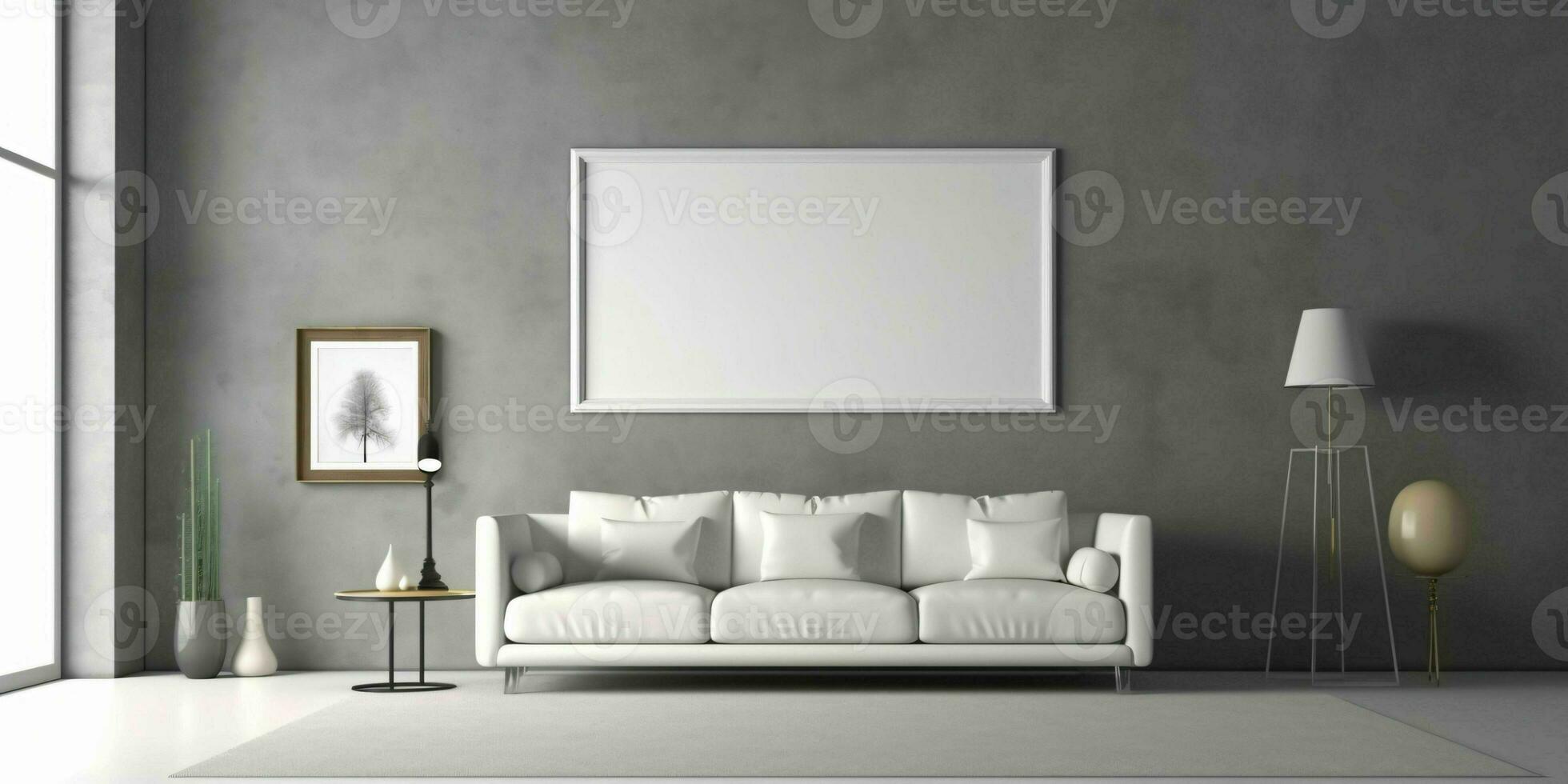 ai generiert modern und minimalistisch Leben Zimmer Innere Design mit leer Weiß Bild Rahmen Attrappe, Lehrmodell, Simulation. generativ ai foto