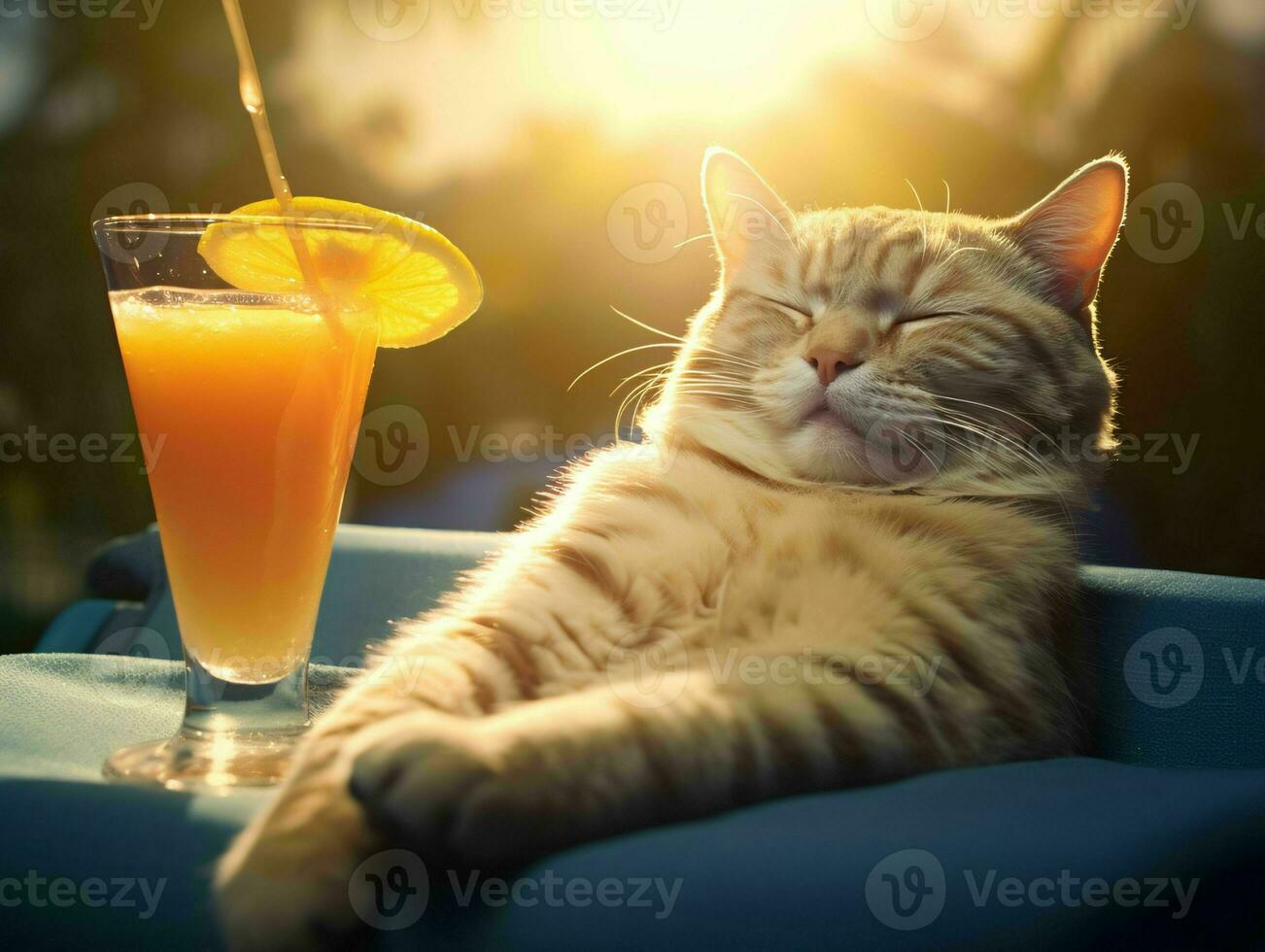 ai generiert Orange Katze chillen und Lügen auf ein Sonne Liege genießen Orange Saft mit Sonnenschein. generativ ai foto