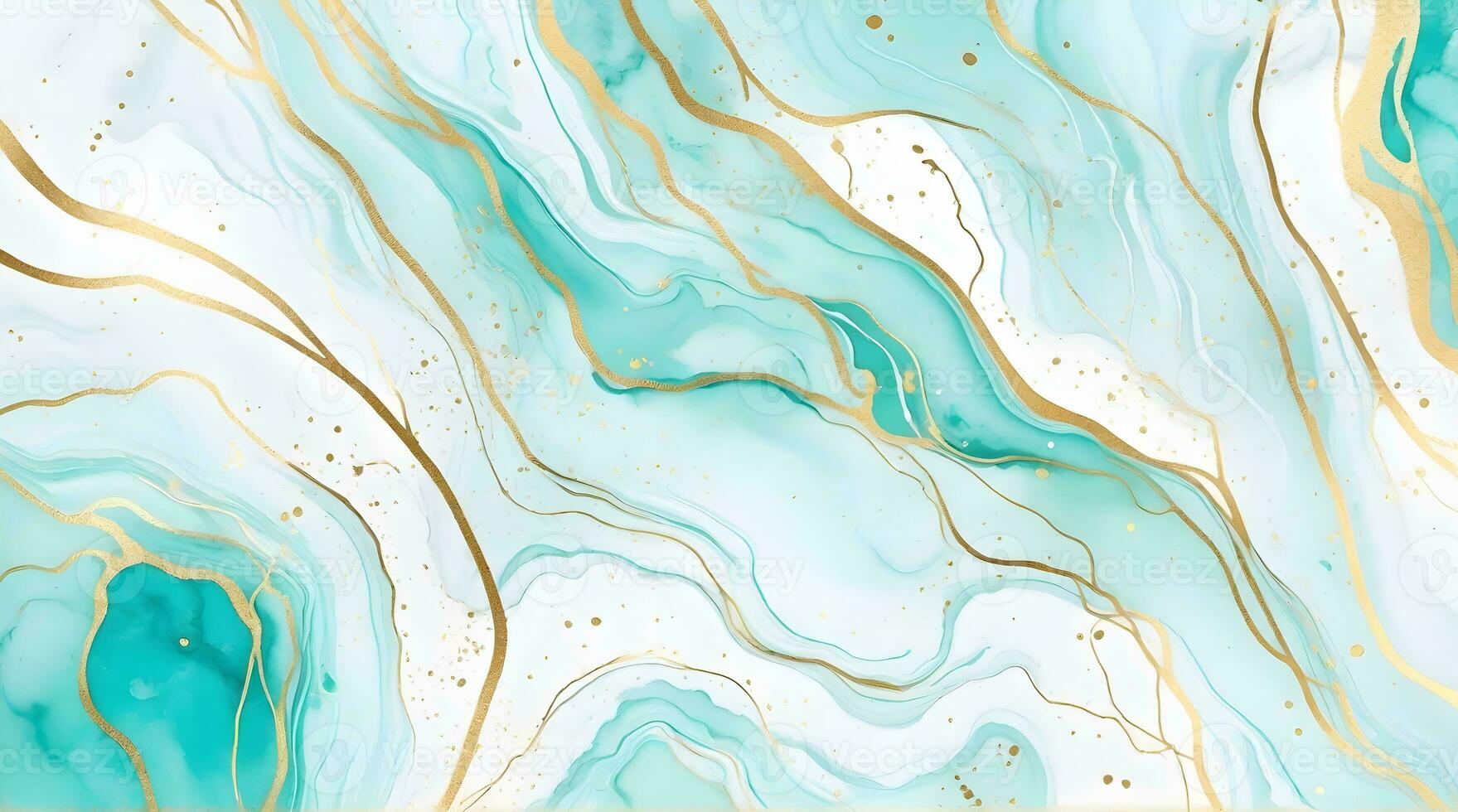 ai generiert Pastell- cyan Minze Flüssigkeit Marmor Aquarell Hintergrund mit Gold Linien und Bürste Flecken foto