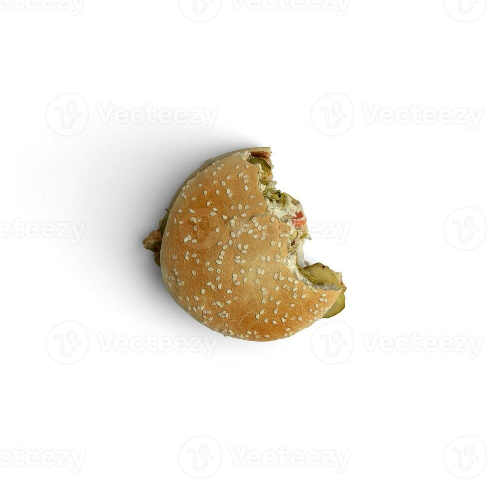 ein Burger ist gebissen ein Teil auf Weiß Hintergrund Single Bild Illustration foto